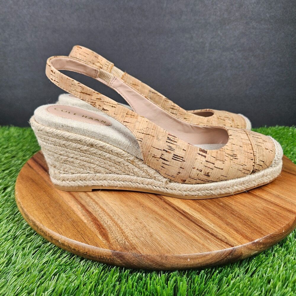 Cole Haan Cloudfeel Cork Wedge Espadrille Sandals Tan Natural Slingback Size 9 B